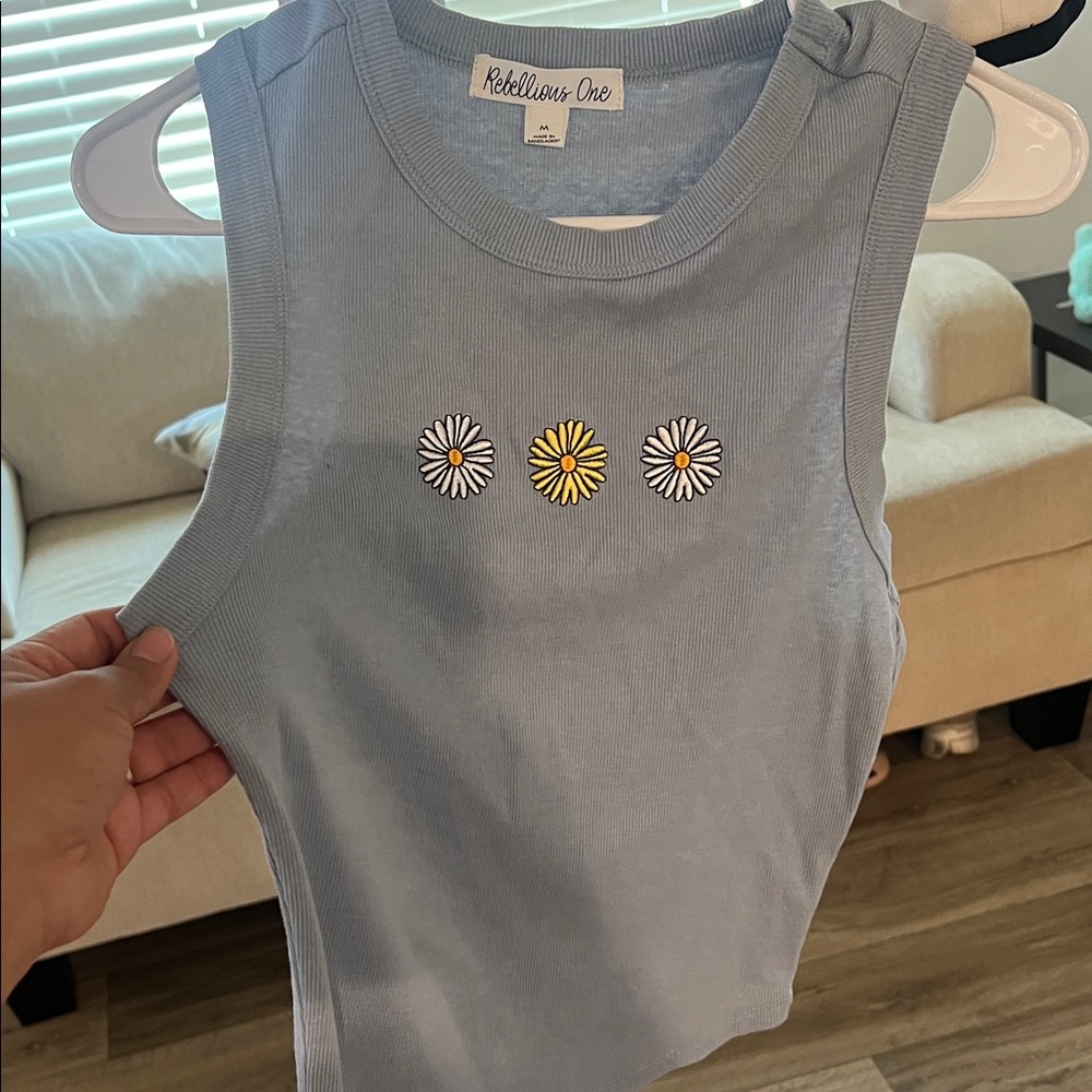 Rebellious One Blue Tank Top with Daisy Embroidery